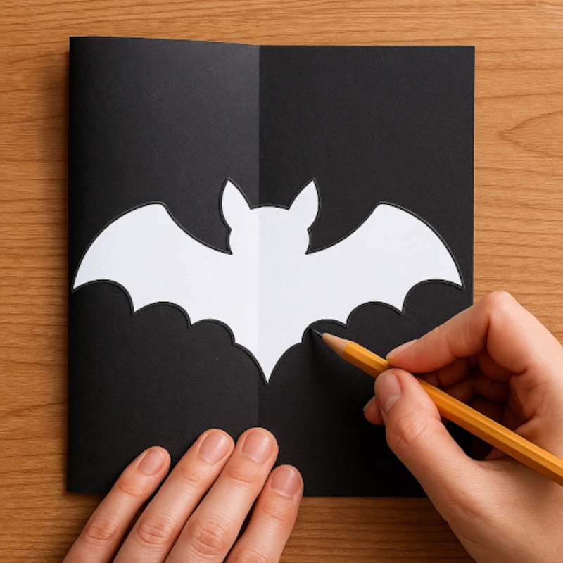 Hands tracing bat template on folded black paper.