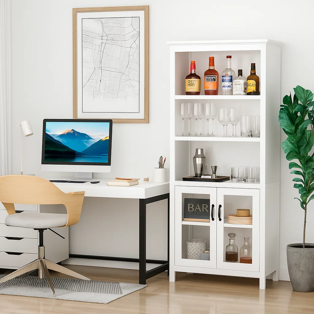 White hutch cabinet with liquor bottles, glassware, and bar tools for a modern home bar setup.
