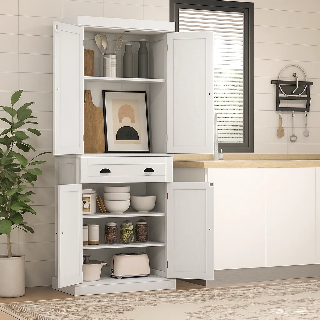 White cabinet styled with framed art and cutting boards