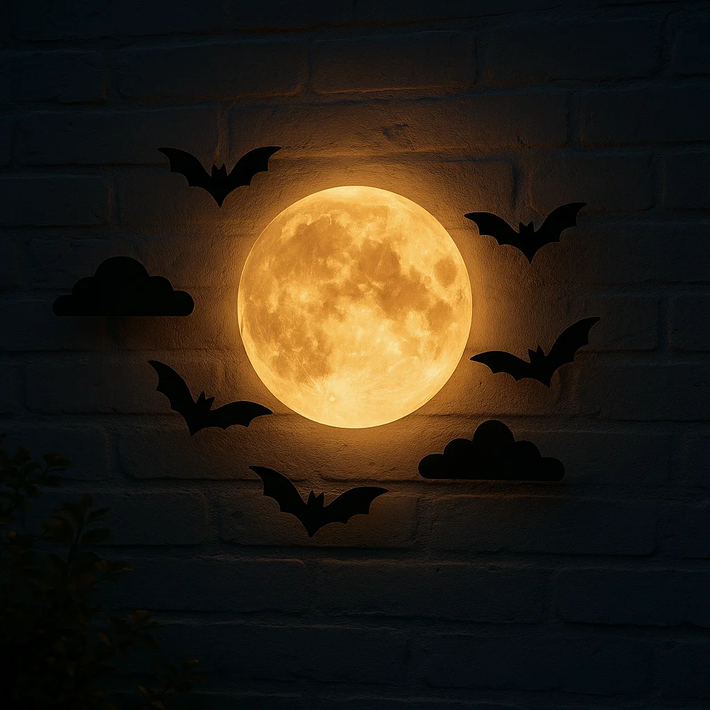 Glowing moon wall light with bats and clouds