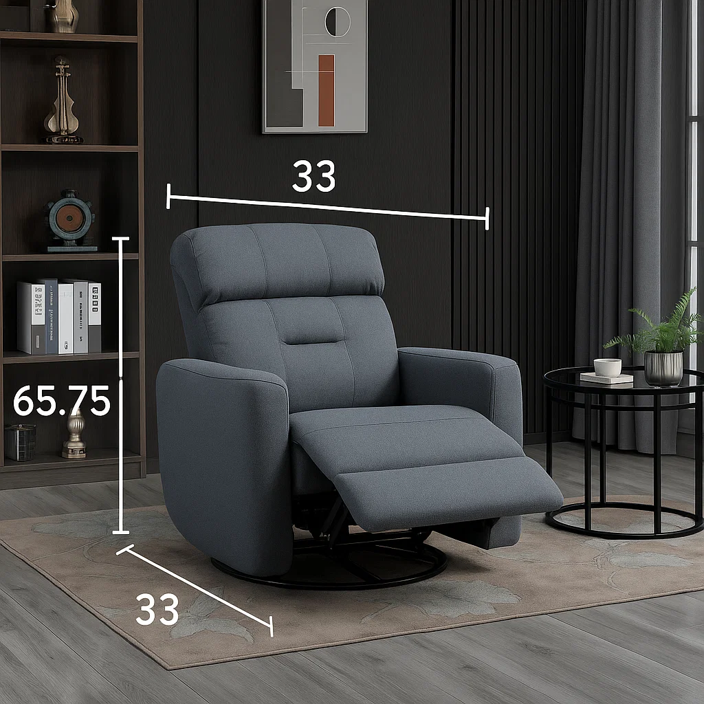 Gray recliner chair fully extended with dimensions labeled