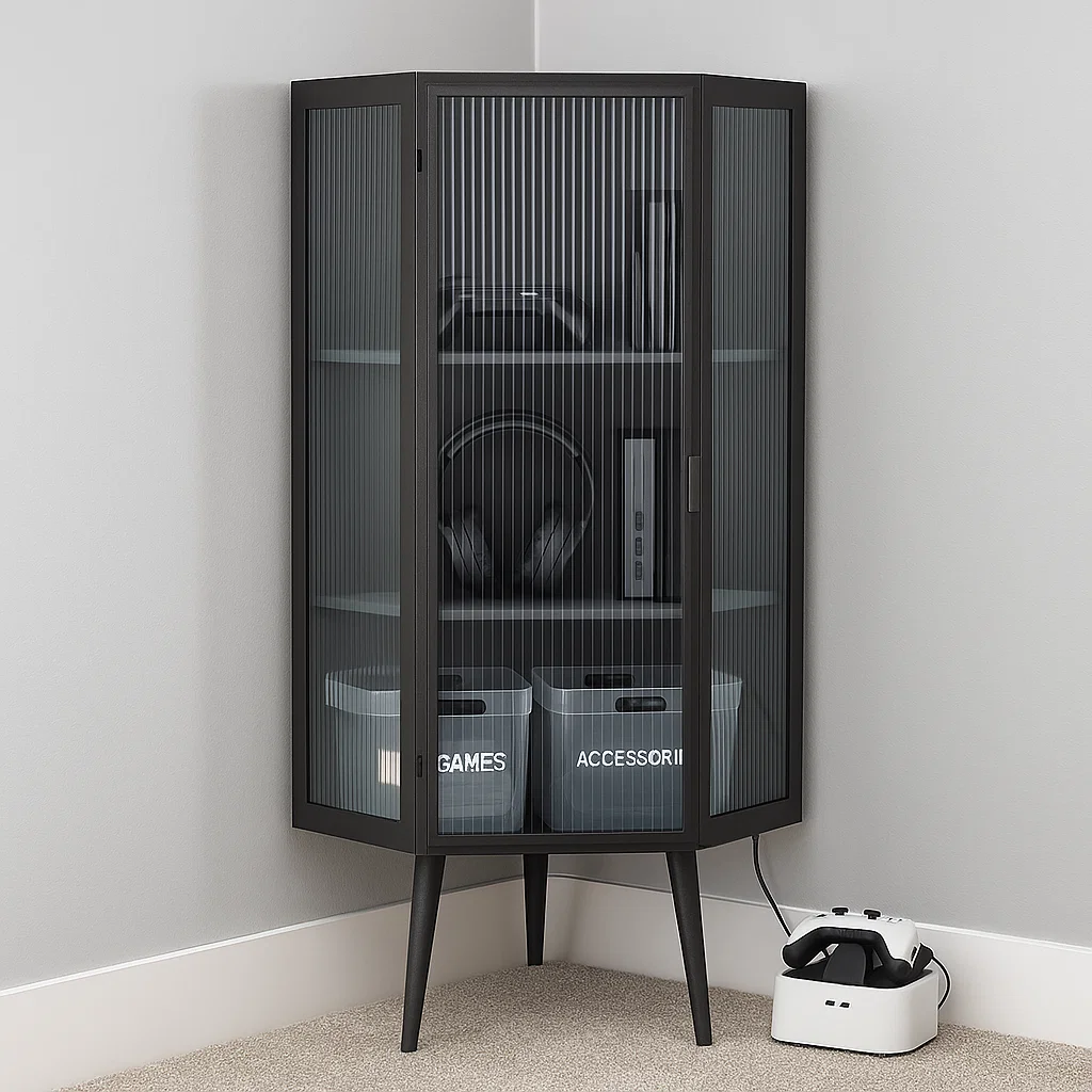 Black corner cabinet holding gaming console, headset, and storage bins
