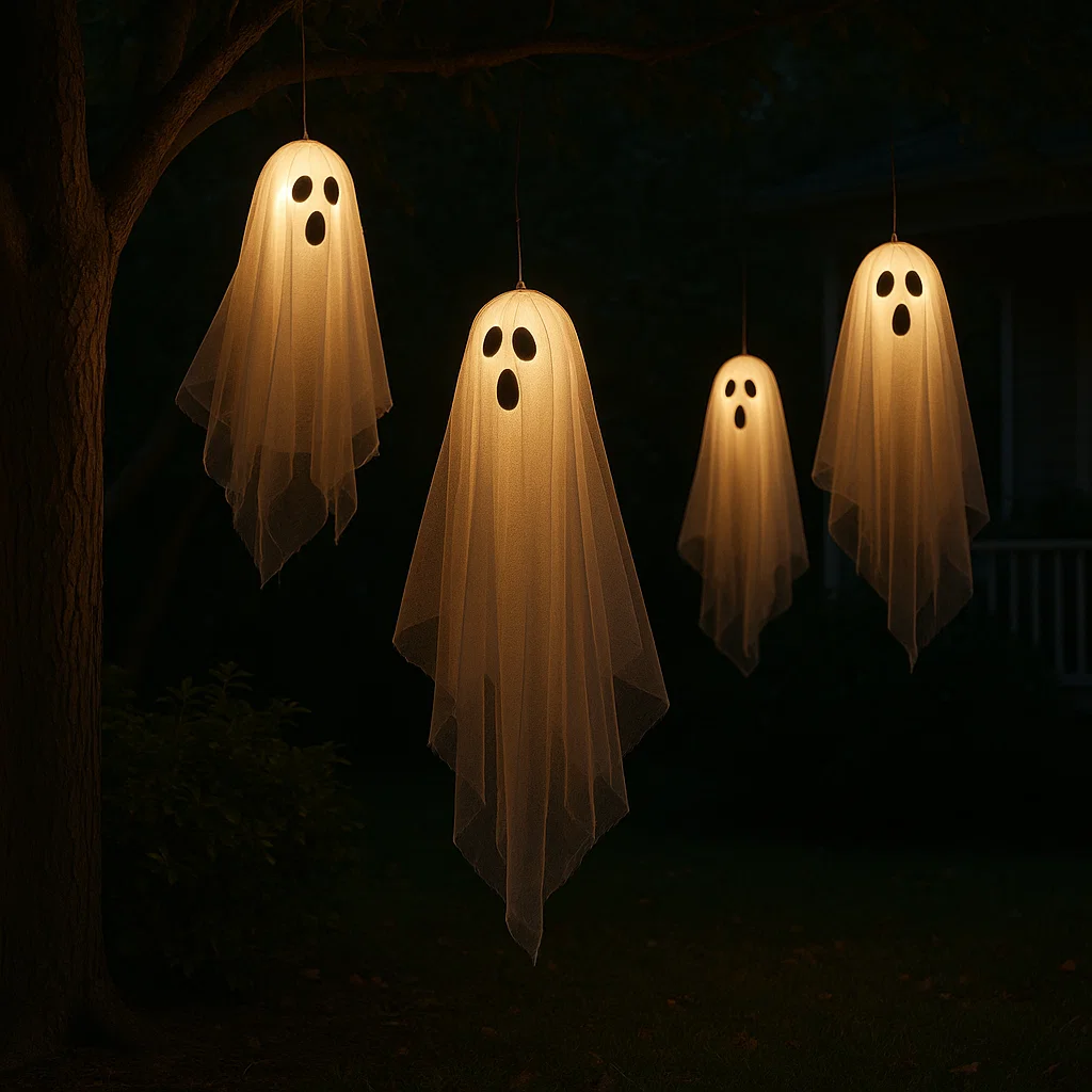 Glowing ghost decorations hanging from tree branches at night