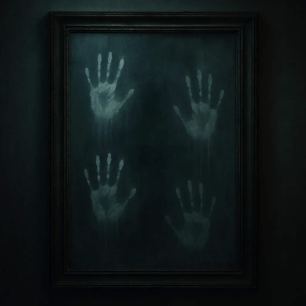Dark mirror showing eerie glowing white handprints.