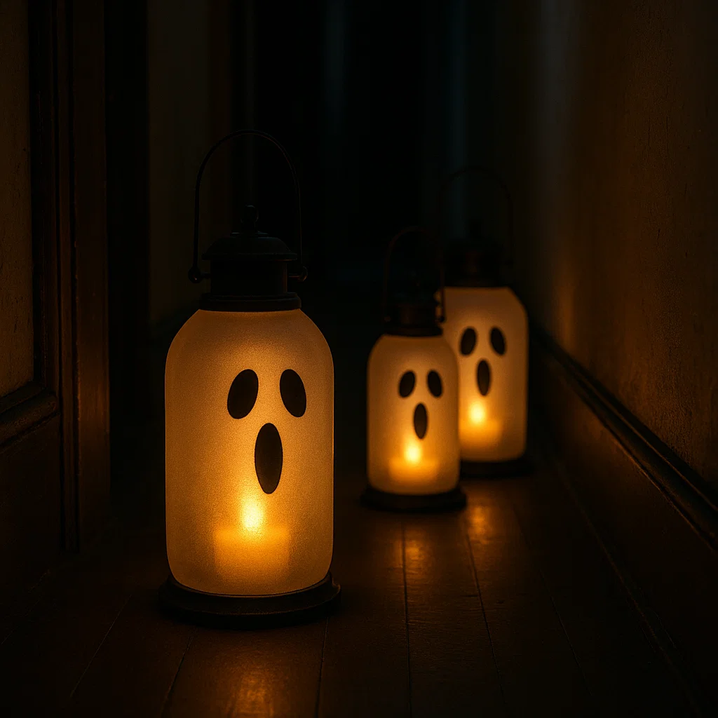 Ghost face lanterns glowing dimly in a dark hallway