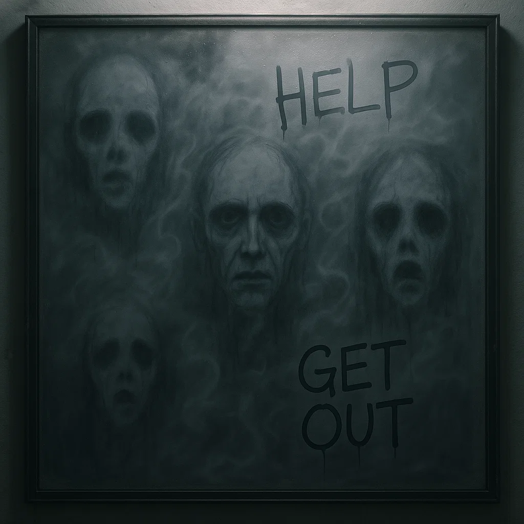 Haunted mirror showing ghostly faces with “Help Get Out” message.
