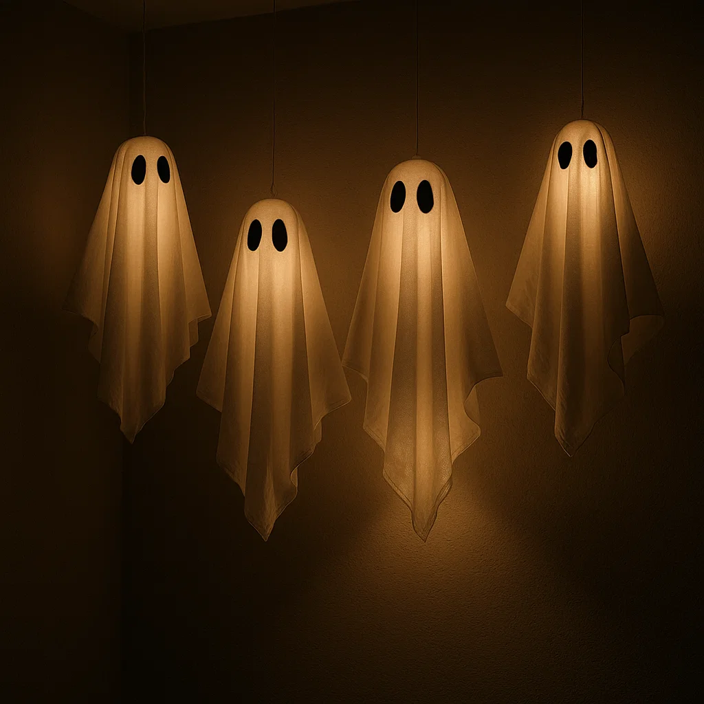 Hanging ghost decorations glowing softly in the dark