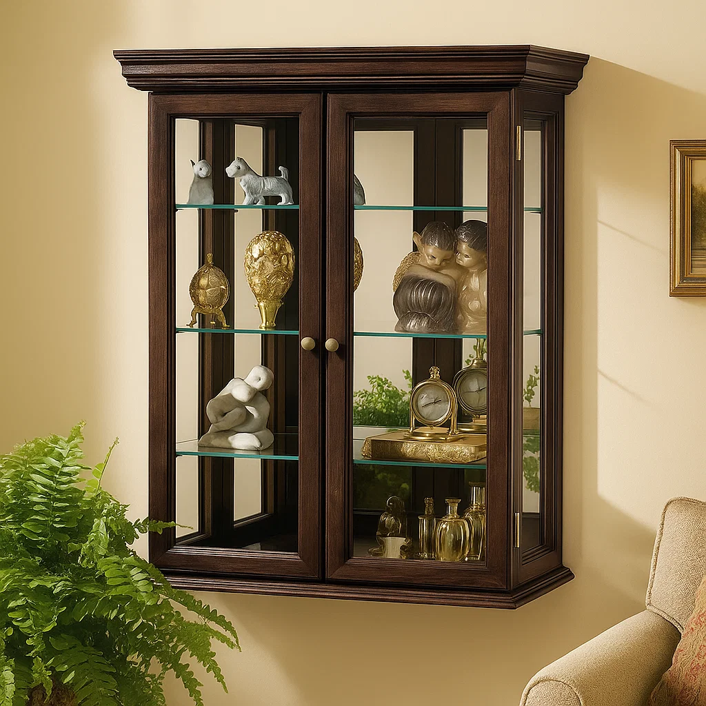 Dark wood wall cabinet with glass doors displaying collectibles