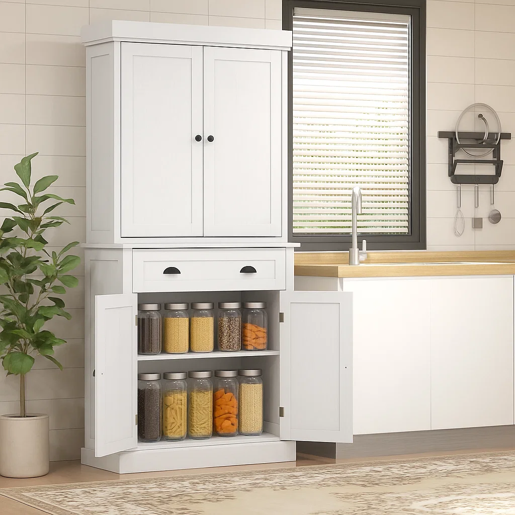 White cabinet with lower shelves neatly filled with glass jars