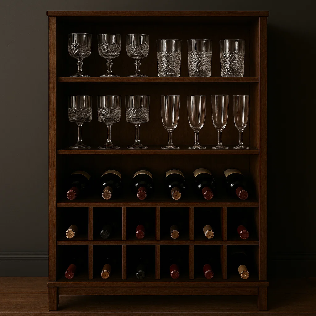 Wine cabinet with glass shelves displaying crystal stemware.