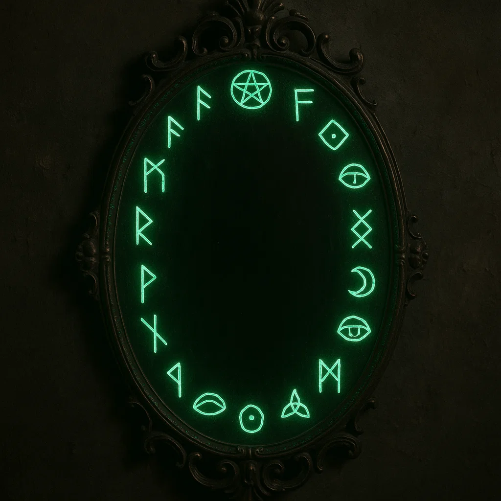 Vintage mirror glowing with neon green mystical runes.