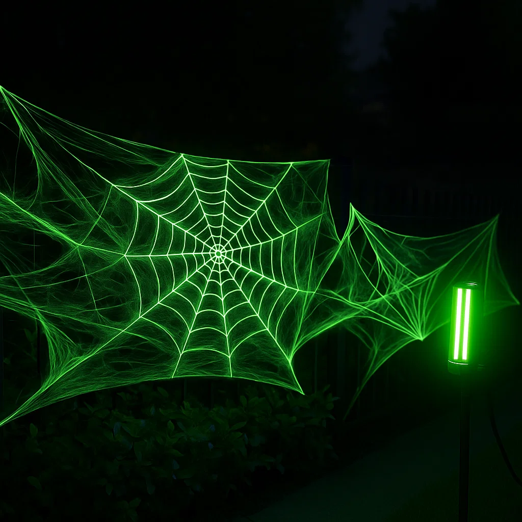 Green glowing spider webs illuminated with blacklight for spooky Halloween outdoor decoration.