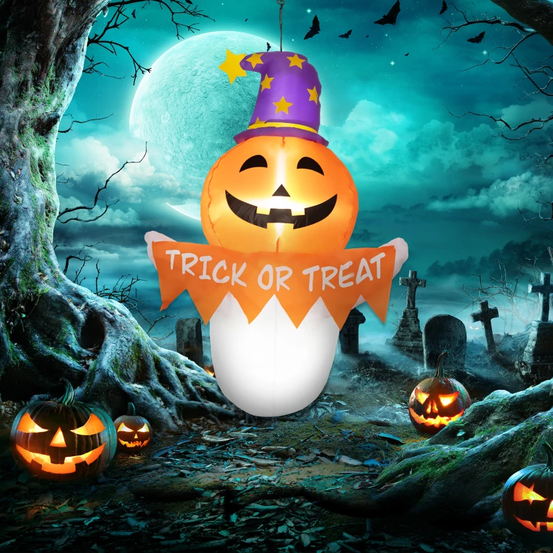Inflatable pumpkin ghost with trick-or-treat sign glowing at night.