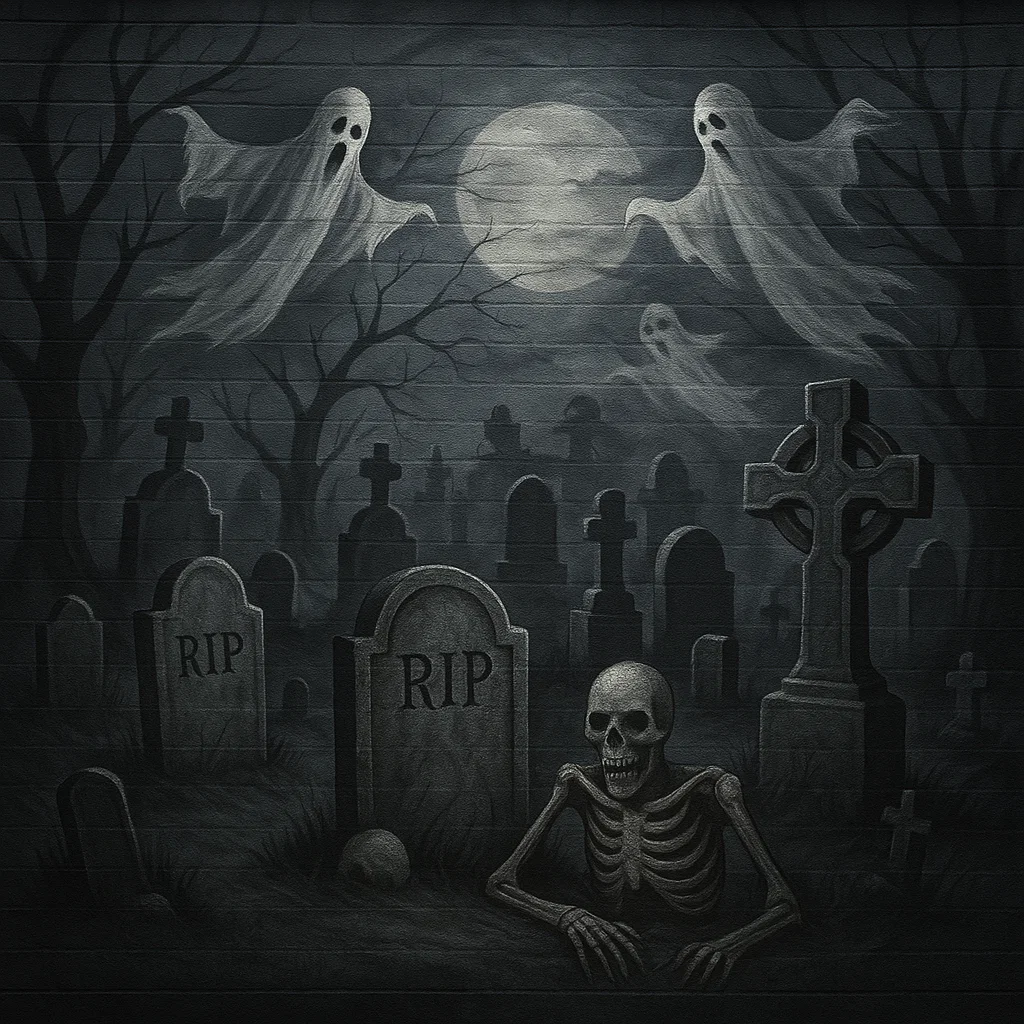 Spooky graveyard mural with skeleton, ghosts, and moon