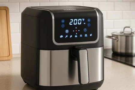 digital 1700W air fryer on kitchen counter with LED display.