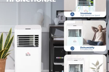 Portable air conditioner with included exhaust hose, adapter, remote, and kit