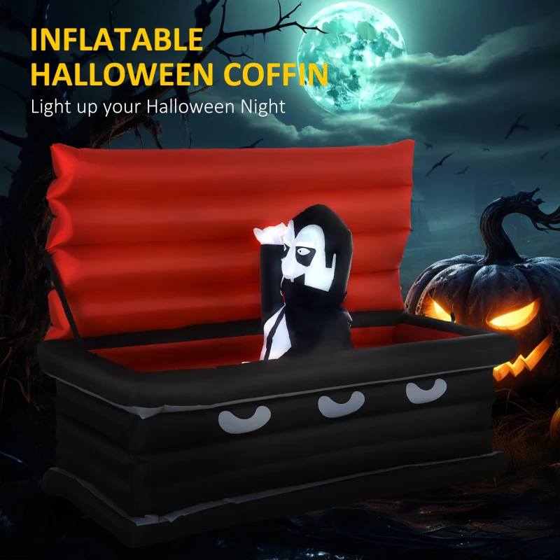 Inflatable vampire rising from red coffin with glowing Halloween pumpkin and full moon background.