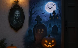 Outdoor Halloween wall with pumpkins, tombstones, and eerie artwork