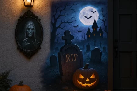 Outdoor Halloween wall with pumpkins, tombstones, and eerie artwork