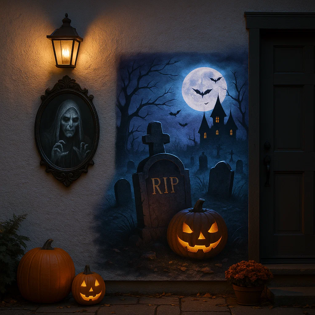 Outdoor Halloween wall with pumpkins, tombstones, and eerie artwork