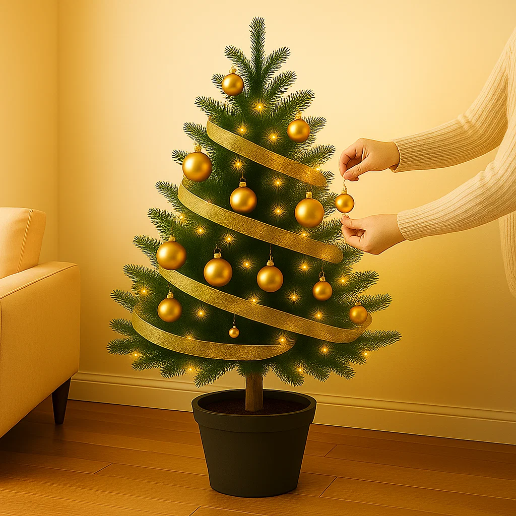 Hanging golden ornaments over ribbon on Christmas tree