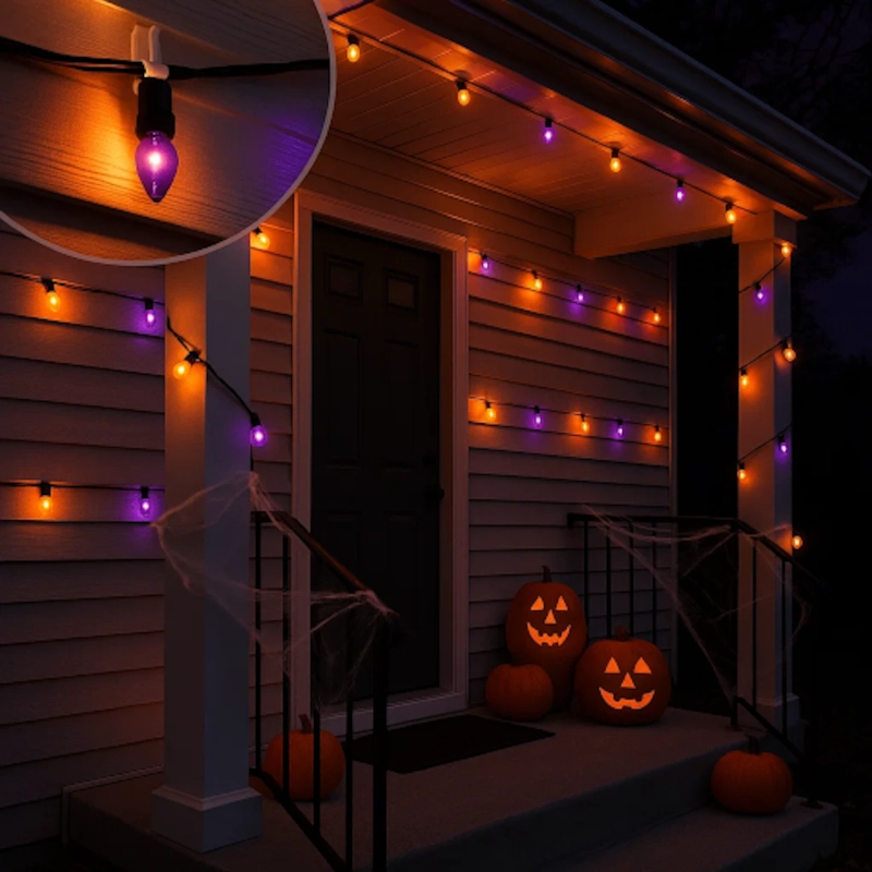 Orange and purple Halloween string lights secured to house siding with clips for safe hanging.