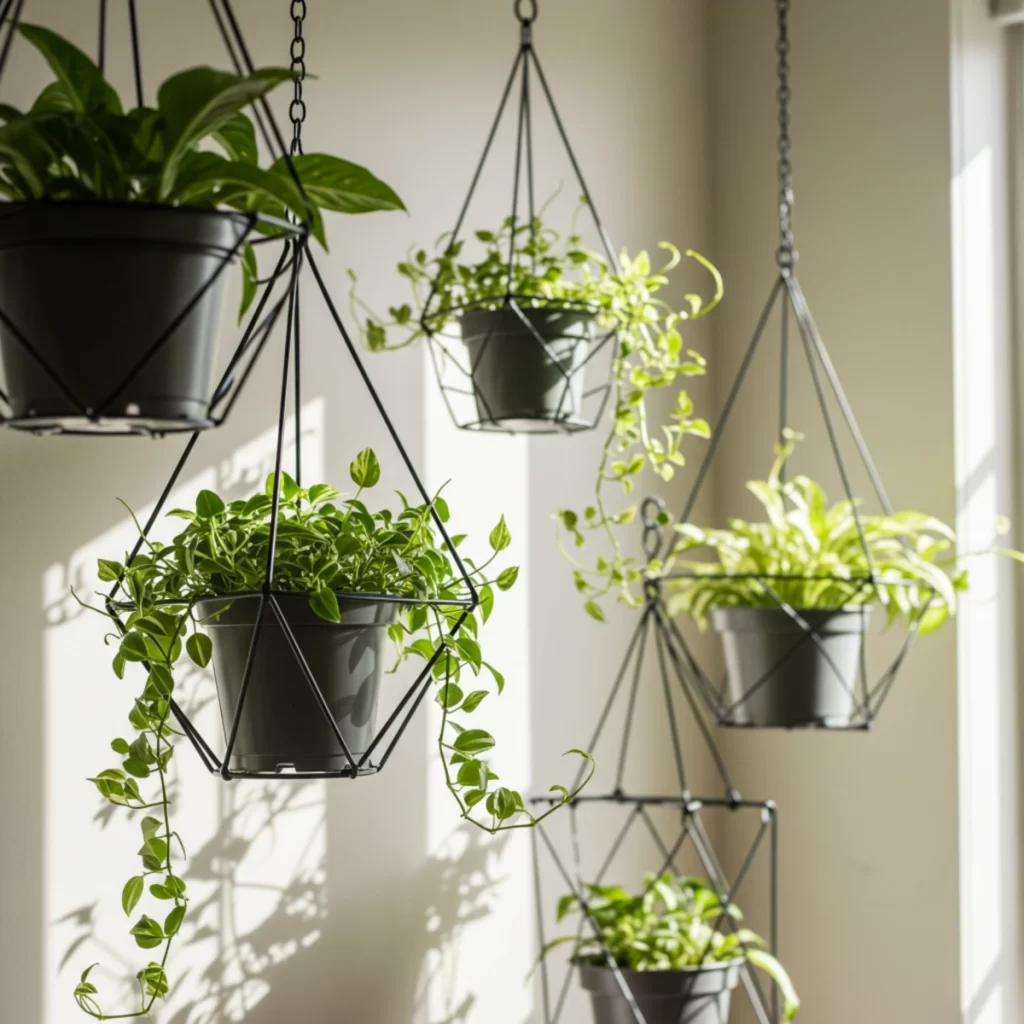 Black hanging metal stands holding trailing green plants