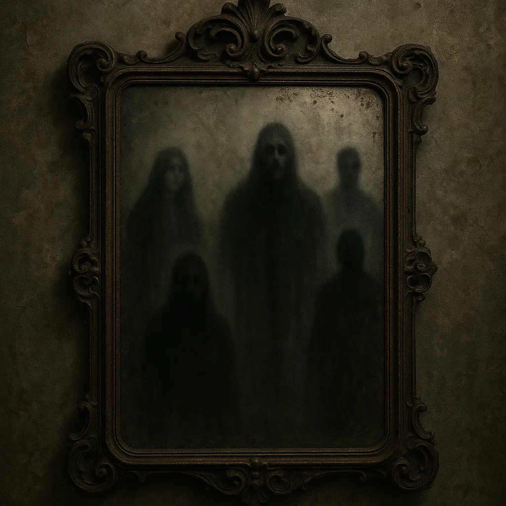 Antique mirror reflecting ghostly shadowy figures