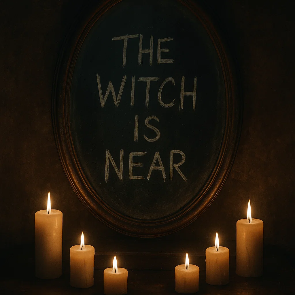 Oval mirror with candles and spooky message “The Witch Is Near.”