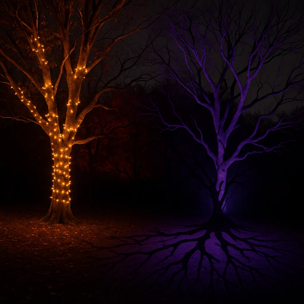Halloween trees glowing with orange and purple lights.