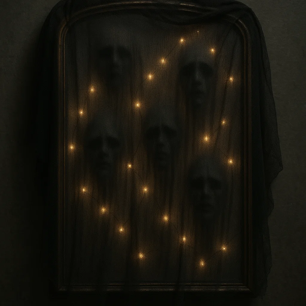 Dark mirror with ghostly faces under black mesh and lights.