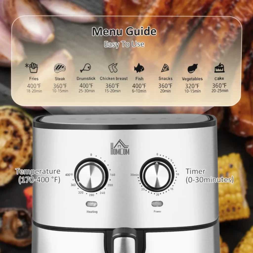  Air fryer menu guide showing temperature and cooking times for fries, steak, chicken, fish, and snacks.