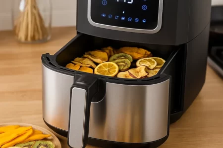 Air fryer dehydrating assorted fruit slices including lemon, kiwi, apple, and mango on kitchen counter.