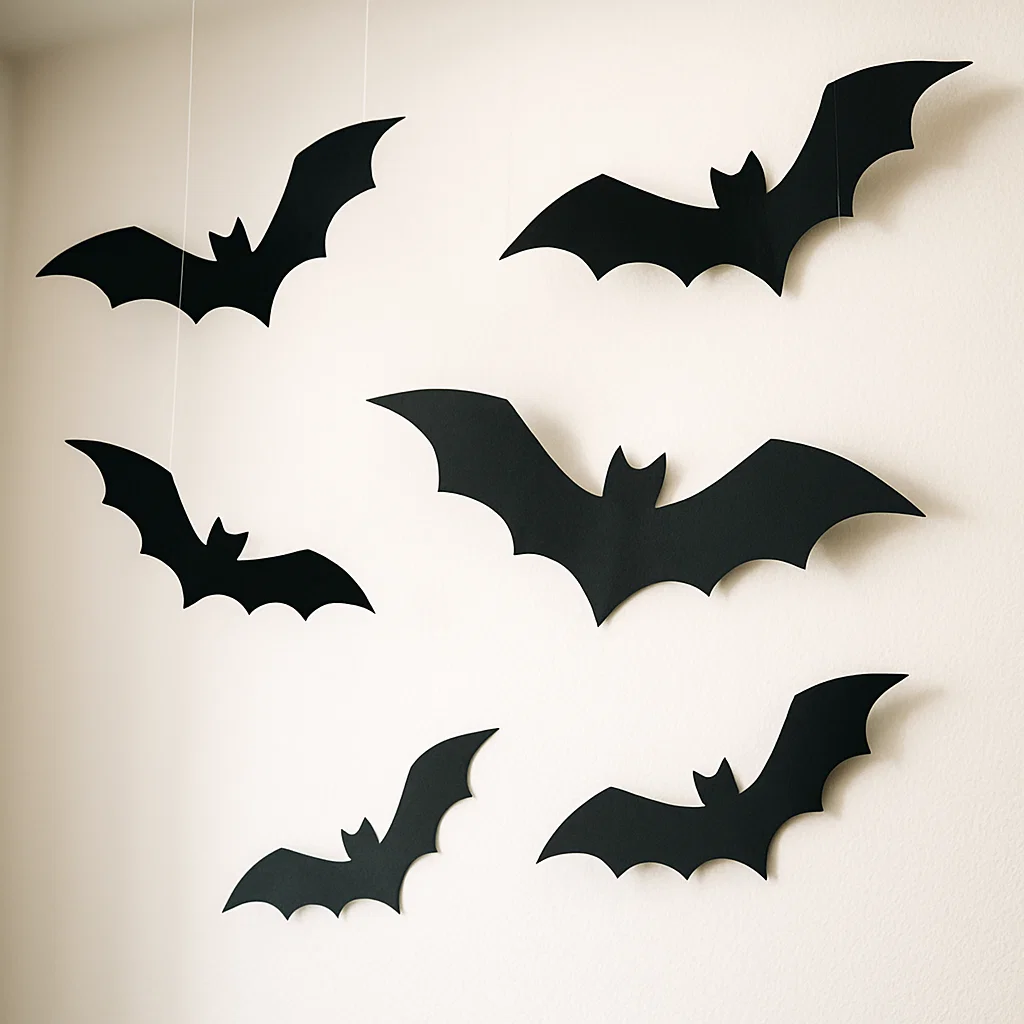Hanging paper bat cutouts on wall for Halloween decor.
