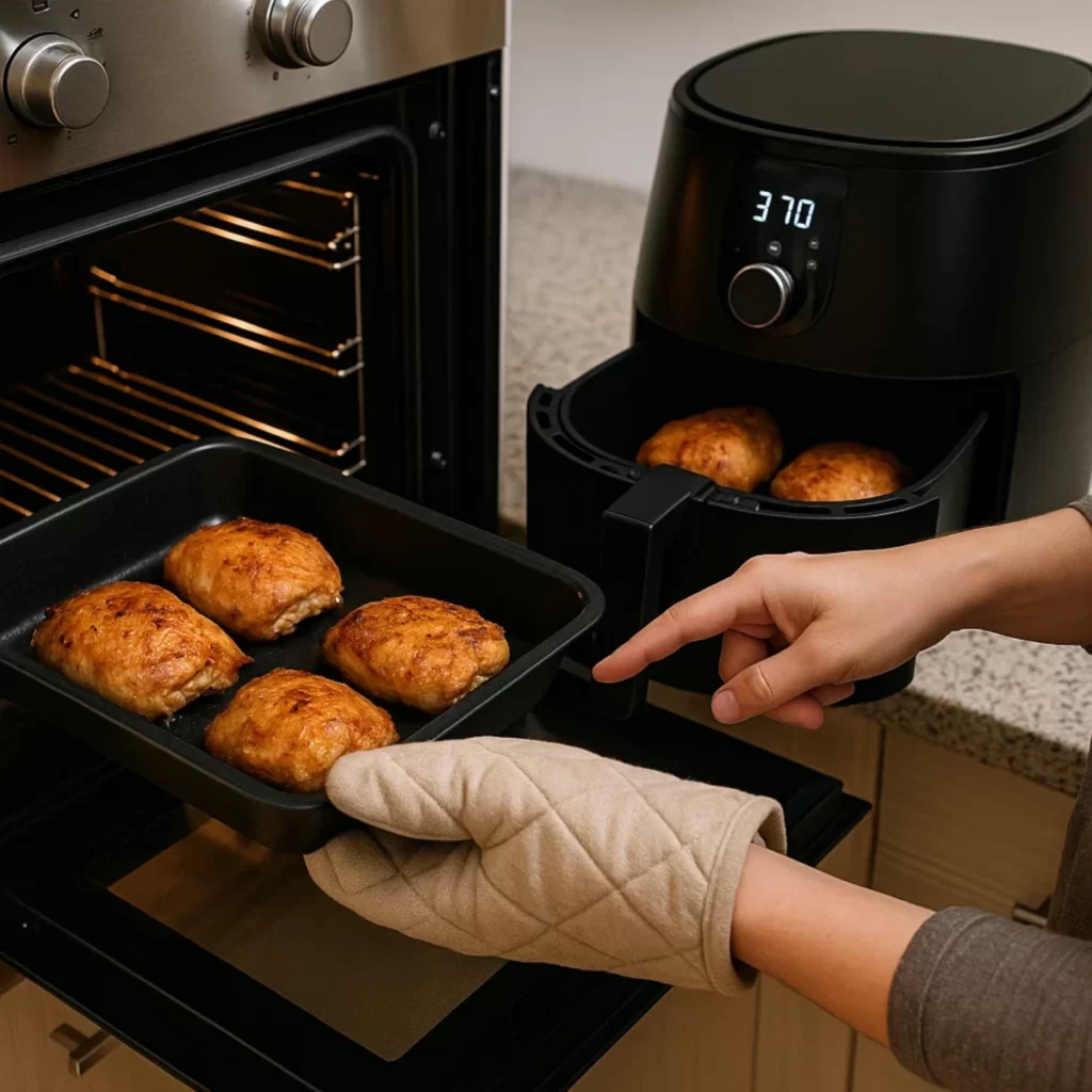 Oven tray with baked chicken beside air fryer cooking at 370 degrees on kitchen counter.