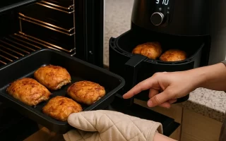 Oven tray with baked chicken beside air fryer cooking at 370 degrees on kitchen counter.