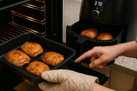 Oven tray with baked chicken beside air fryer cooking at 370 degrees on kitchen counter.
