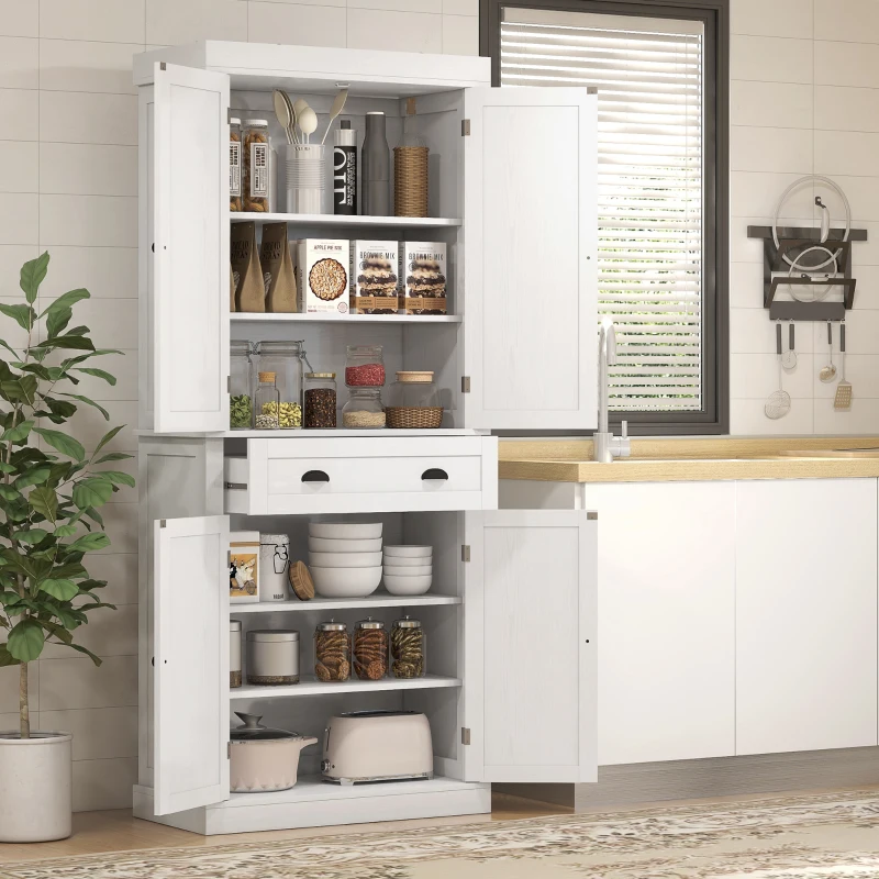 White cabinet with organized shelves of food jars and bowls
