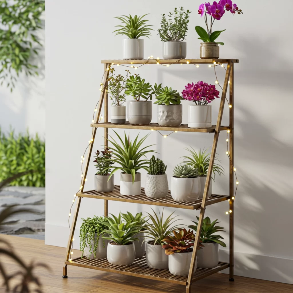 Wooden tiered plant stand with white pots and fairy lights.