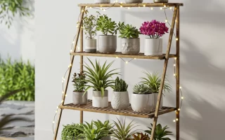 Wooden tiered plant stand with white pots and fairy lights.