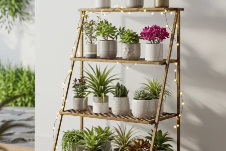 Wooden tiered plant stand with white pots and fairy lights.