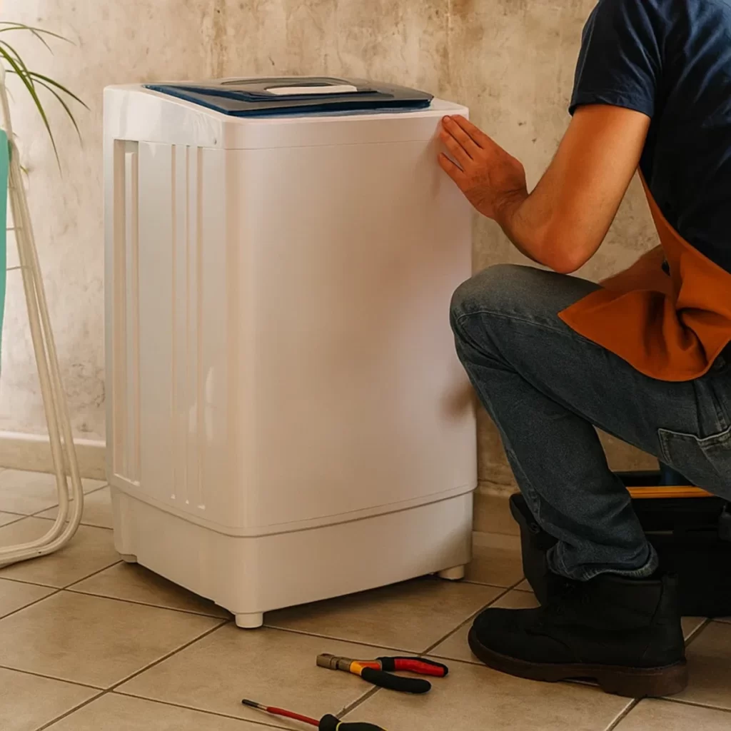 Man kneeling beside washing machine with repair tools on floor