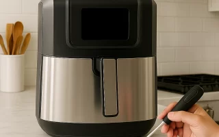 Person using screwdriver to repair black stainless air fryer