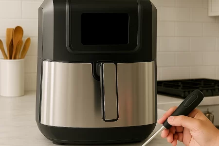 Person using screwdriver to repair black stainless air fryer