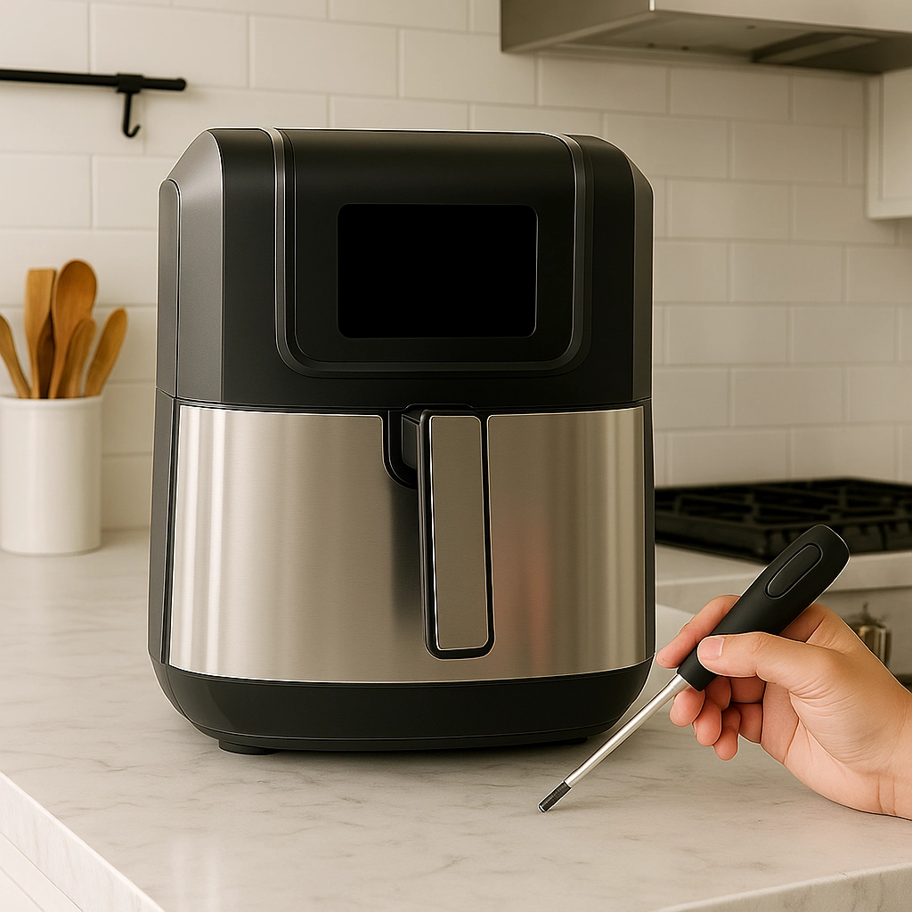 Person using screwdriver to repair black stainless air fryer