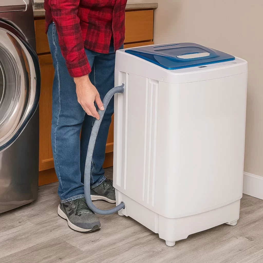 Man connecting drain hose to portable washer during step-by-step installation process.
