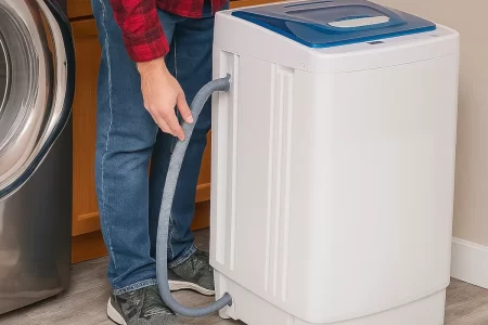 Man connecting drain hose to portable washer during step-by-step installation process.