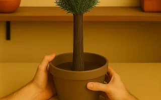 Finished faux tree trunk with greenery in planter.