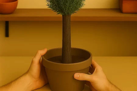 Finished faux tree trunk with greenery in planter.