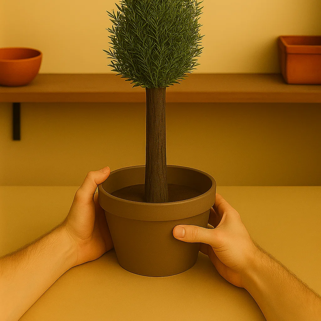 Finished faux tree trunk with greenery in planter.
